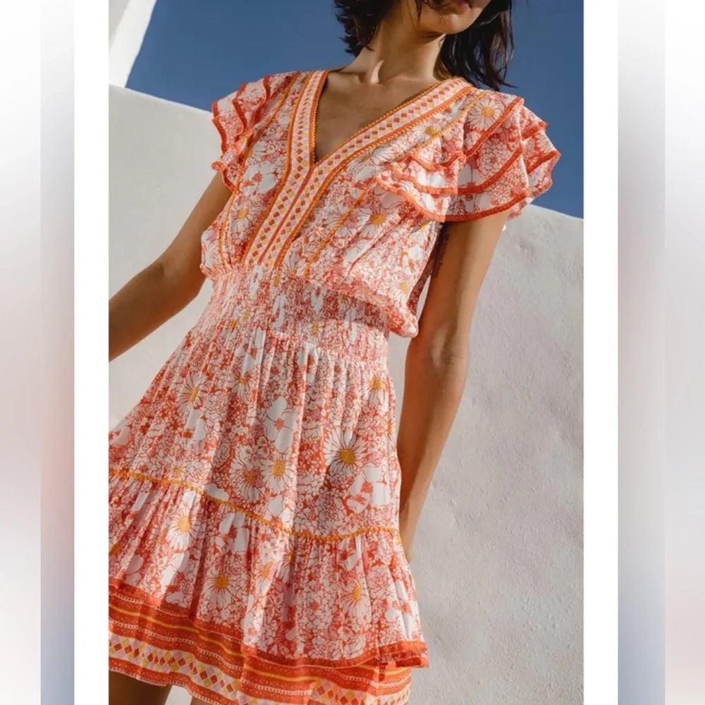 NWT Poupette St Barth Floral Boho Resort Mini Dress Pink Orange Camila - Picture 2 of 8